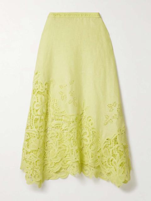 ULLA JOHNSON Rae guipure lace-paneled linen midi skirt Chartreuse