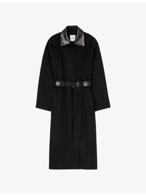 Sandro Leather-Collar Double-Breasted Wool Coat