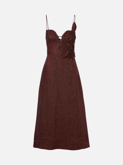 FARM RIO Appliqué linen midi dress