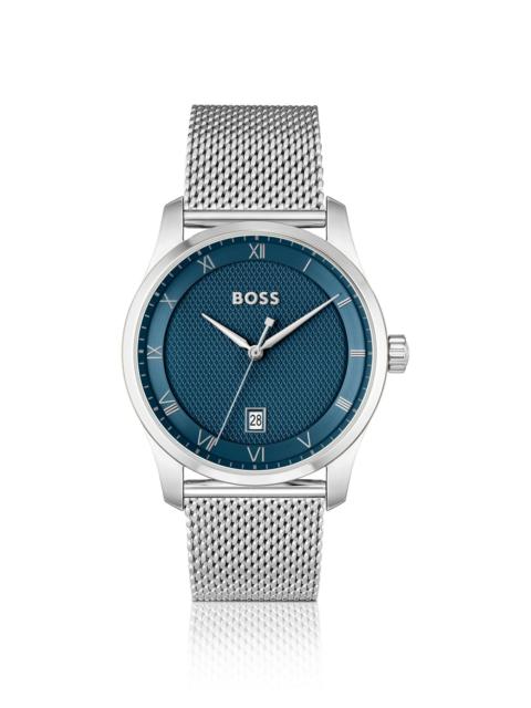 BOSS MESH-BRACELET WATCH WITH BLUE PATTERNED DIAL