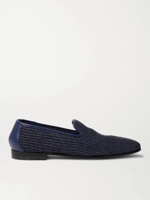 Manolo Blahnik Mario Leather-Trimmed Raffia Loafers Navy