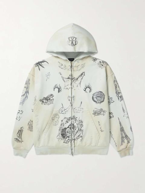 BALENCIAGA Tat Printed Distressed Cotton-Jersey Zip-Up Hoodie