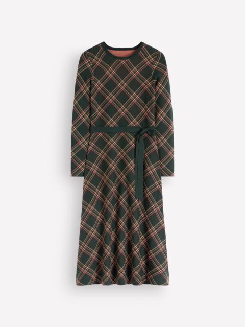 BODEN Crew Midi Jacquard Dress-Green Check