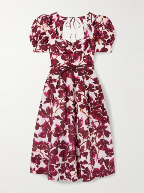 REBECCA VALLANCE Nerissa Belted Leather-trimmed Floral-print Voile Midi Dress