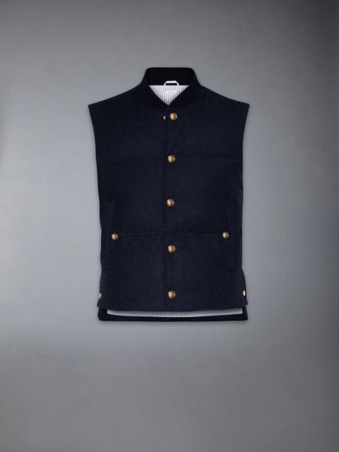 Thom Browne DOWNFILLED SNAP FRONT VEST W/ TONAL GROSGRAIN IN WOOL FLANNEL