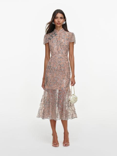 self-portrait Silver Sequin Embellished Midi Dress