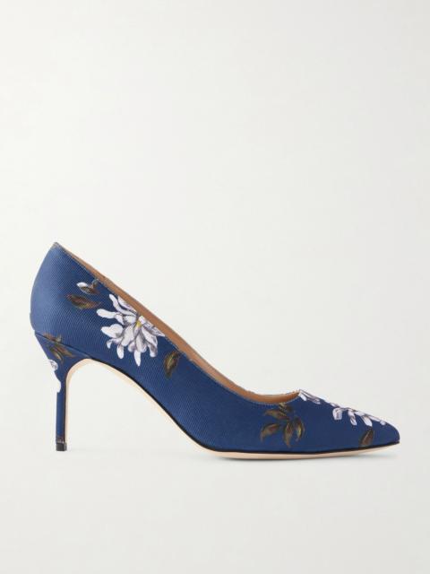 Manolo Blahnik + Emilia Wickstead 70 floral-print woven pumps Navy