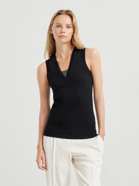 Stretch cotton ribbed jersey top with precious insert