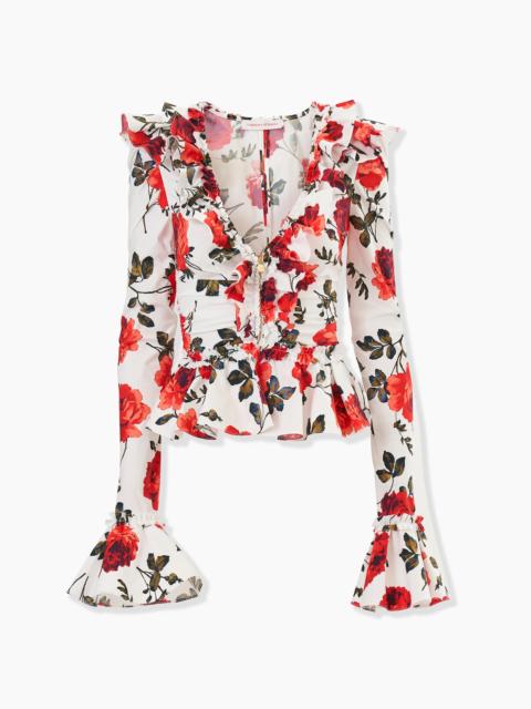 CAROLINA HERRERA Rose-Print Ruched Ruffle Top