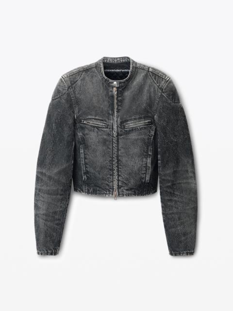 Alexander Wang clear crystal hotfix moto jacket in crackle grey wash denim