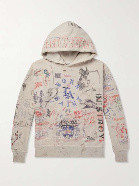 SAINT M×××××× + Born X Raised Distressed Crystal-Embellished Printed Cotton-Jersey Hoodie