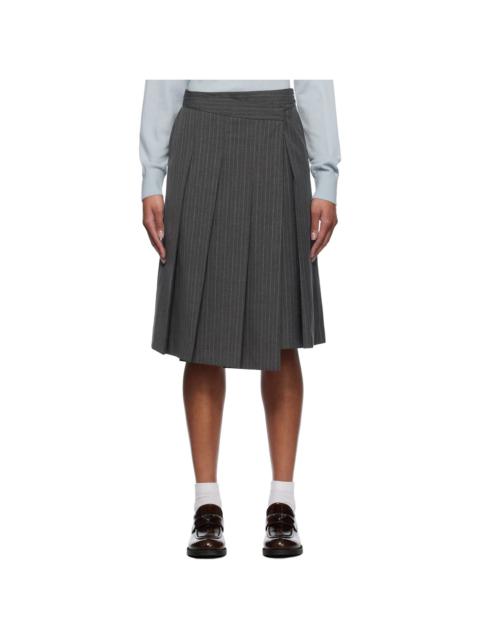 Gray Ribboned Wide Pleats Midi Skirt