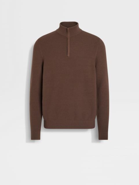 ZEGNA BROWN VELLUS AUREUM ZIP MOCK NECK