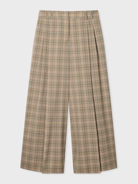 Women's Cream and Blue Check Wide-Leg Culotte Cropped Trousers
