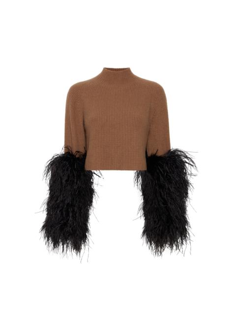 LAPOINTE Cashmere Silk Cropped Raglan Sweater With Feathers