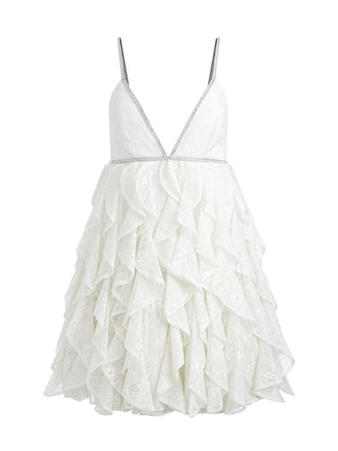 Alice + Olivia WILMARIE EMBELLISHED LACE RUFFLE MINI GOWN