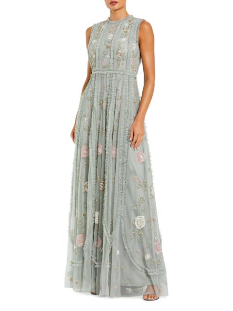 MAC DUGGAL Women's Evening Embellished Ruffled Mesh A-Line Gown - Sage Multi