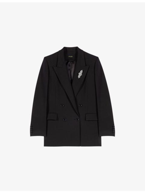 maje Removable-Brooch Double-Breasted Stretch Wool-Blend Blazer