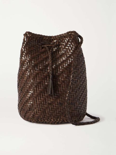 DRAGON DIFFUSION Pompom Double Jump woven leather bucket bag Dark brown