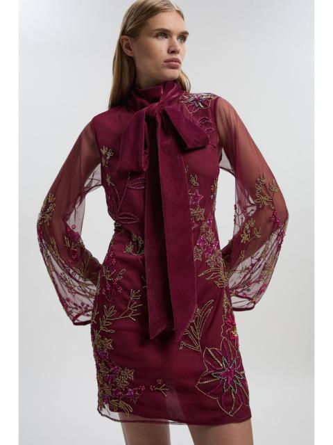 KAREN MILLEN Petite Floral Applique Embellished Organdie Woven Mini Dress