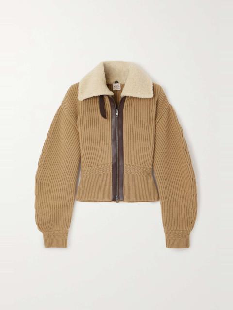 Tod's Faux shearling and leather-trimmed ribbed wool cardigan