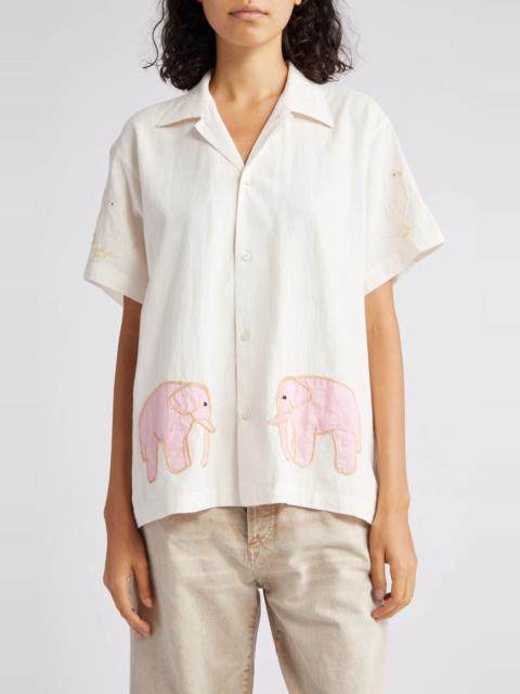 BODE Tiny Zoo Short Sleeve Cotton Button-Up Shirt