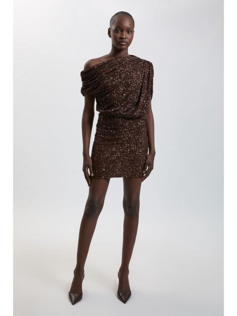 KAREN MILLEN Draped One Shoulder Jersey Stretch Sequin Mini Dress
