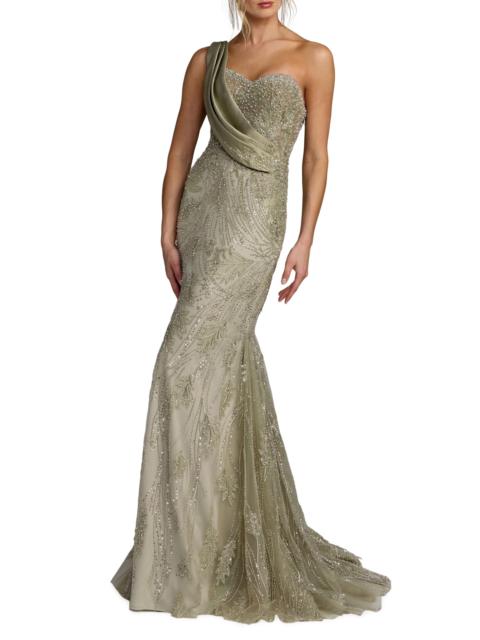 MAC DUGGAL Women's Embellished Taffeta One-Shoulder Mermaid Gown - Sage