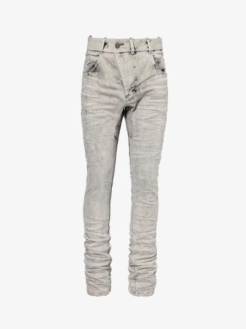 Asymmetric-waist drawstring-trim regular-fit stretch-denim jeans
