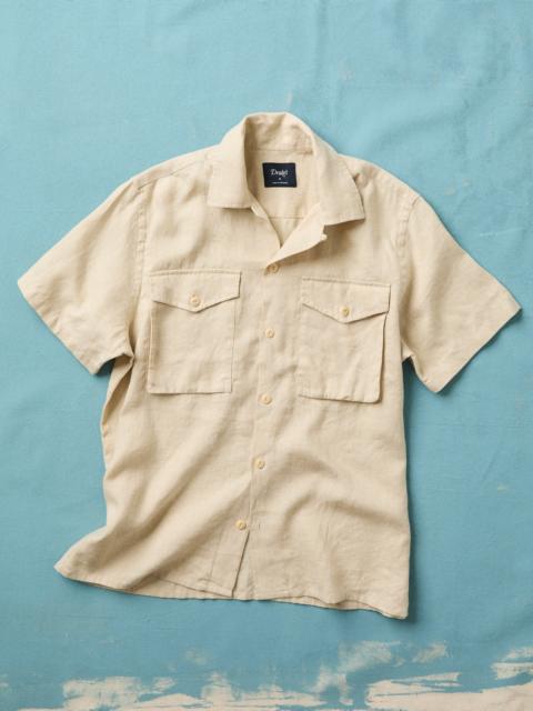 Drake's Ecru Linen Short Sleeve Camp Collar Military Shirt