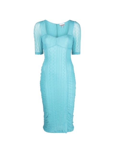 sweetheart-neck ruched midi dress