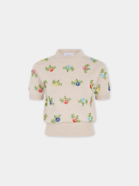 rabanne BEIGE WOOL TOP WITH MULTICOLOUR FLORAL EMBROIDERY