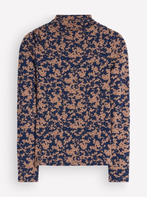 BODEN Ruched Neck Long Sleeve-Cappuccino, Sprayed Leaf
