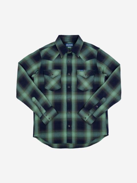 Iron Heart IHSH-348-GRN 9oz Selvedge Ombré Check Western Shirt - Green