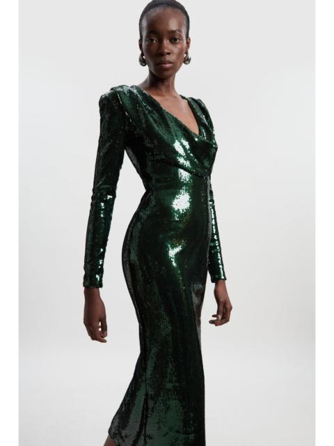 KAREN MILLEN Sequin Plunge Cowl Neck Strong Shoulder Long Sleeve Midi Dress
