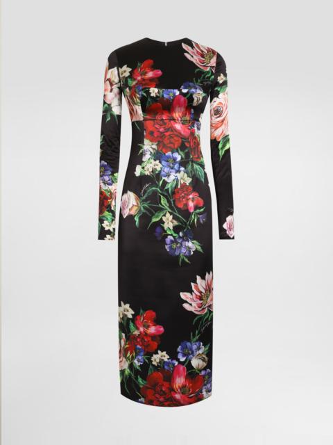 Dolce & Gabbana Satin calf-length round-neck dress with floral print