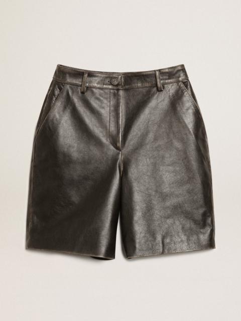 Golden Goose Black leather Bermuda shorts with lived-in effect