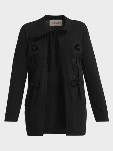 Valentino Floral Velvet Embroidered Crewneck Cardigan