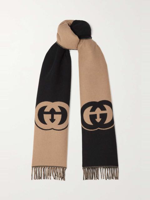 Fringed logo-jacquard wool and cashmere-blend scarf