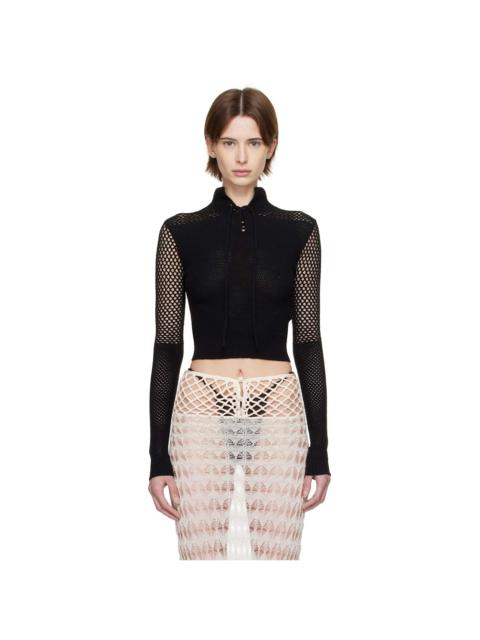 Black Cropped Lace-Up Crocheted Polo