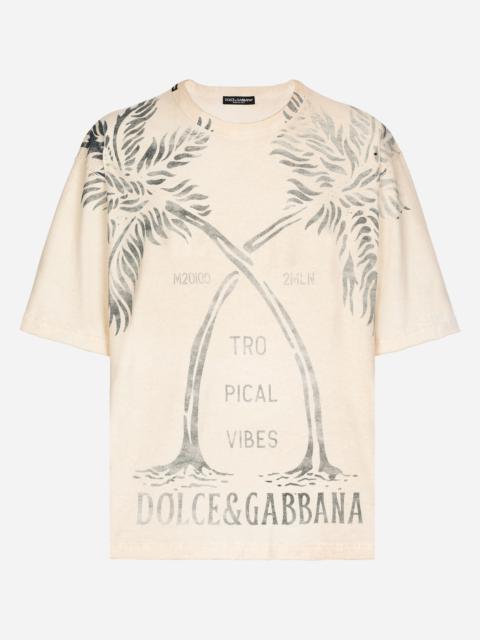 Short-sleeved cotton T-shirt with banana tree print