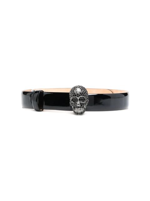 crystal-skull patent leather belt