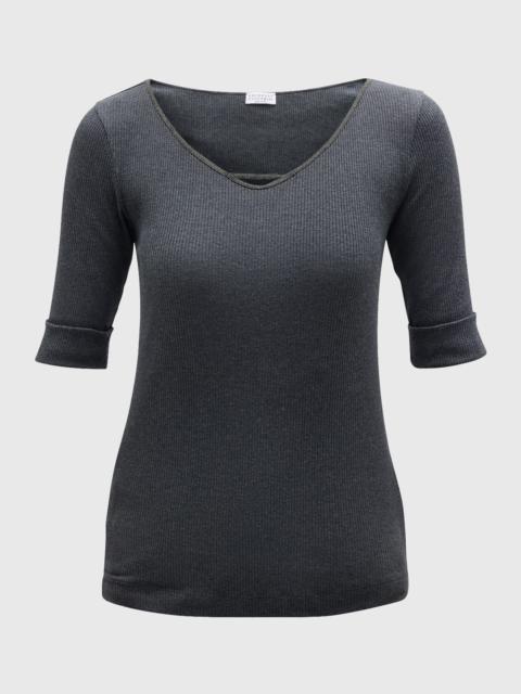 Cotton Stretch Ribbed Top with Monili Neckline