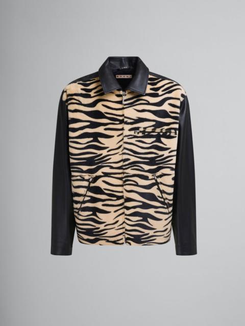 Marni BLACK LEATHER AND TIGER PRINT SHEARLING JACKET