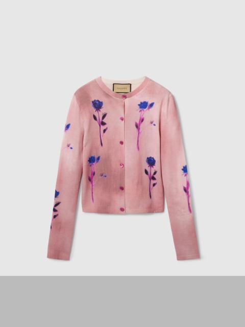 Gucci Floral Print Fine Wool Silk Cardigan