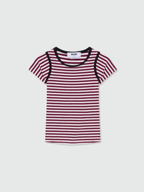 MSGM Burgundy striped short-sleeve cotton jersey T-shirt with contrast trims