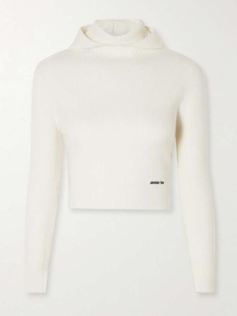 SHUSHU/TONG Hooded cropped bow-embellished ribbed wool-blend turtleneck sweater