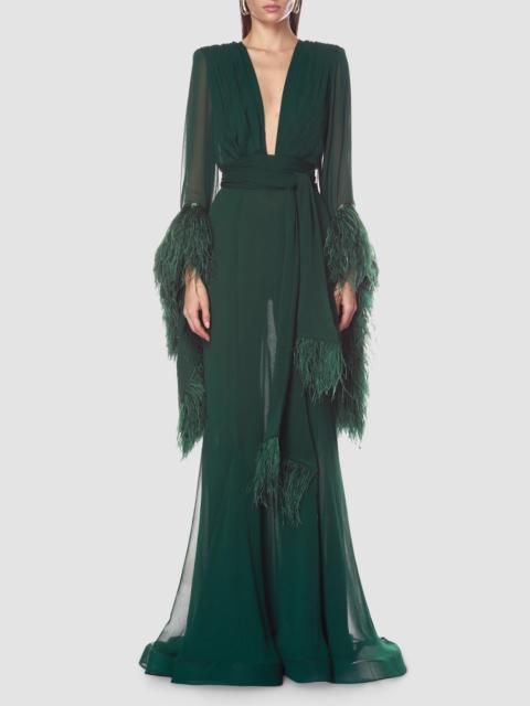 BRONX BANCO Women's Geisha Feather-Trim Chiffon Gown - Green