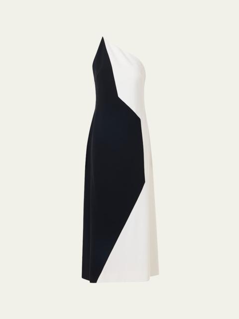 AKRIS High Plains Patchwork Crepe One-Shoulder Midi Dress