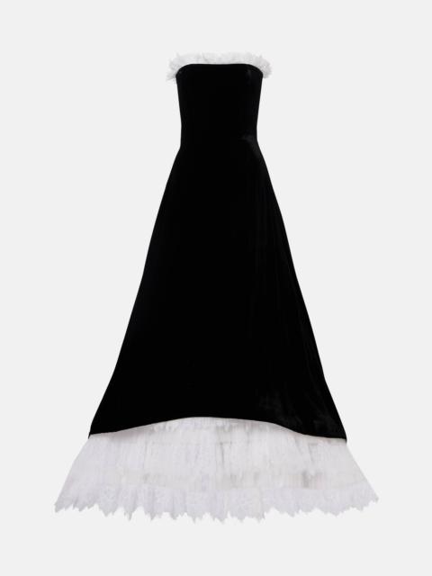 COSTARELLOS Laurette lace-trimmed velvet bustier gown